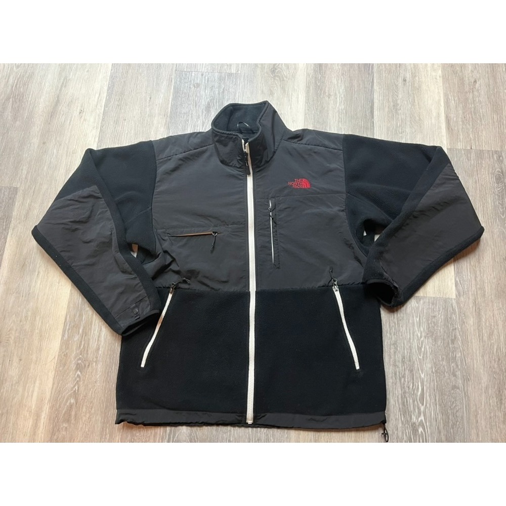 Vtg North Face Denali Fleece Full Zip Black Jacket Red Logo Men's Size L